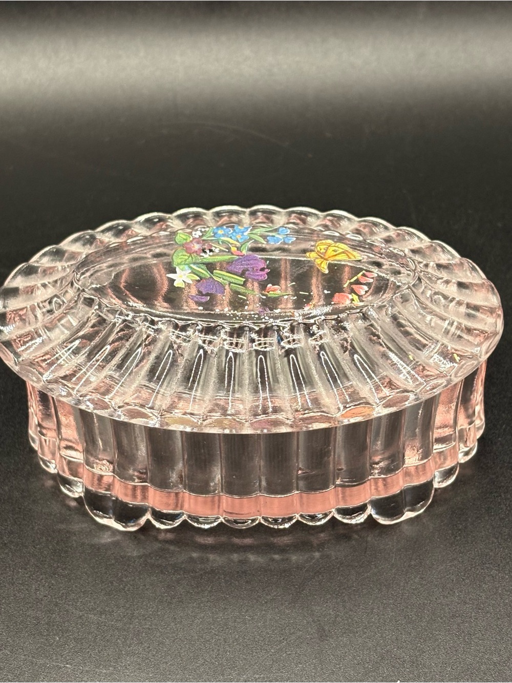 1988 Fenton Pink Glass Floral Butterfly Trinket Box